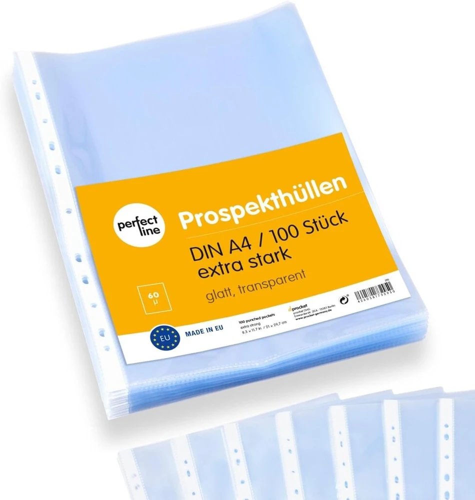 Perfect Line - 100 dokumentų aplankų Din A4, skaidrios plėvelės, 60 µm storio, nenutrinamos, be rūgščių