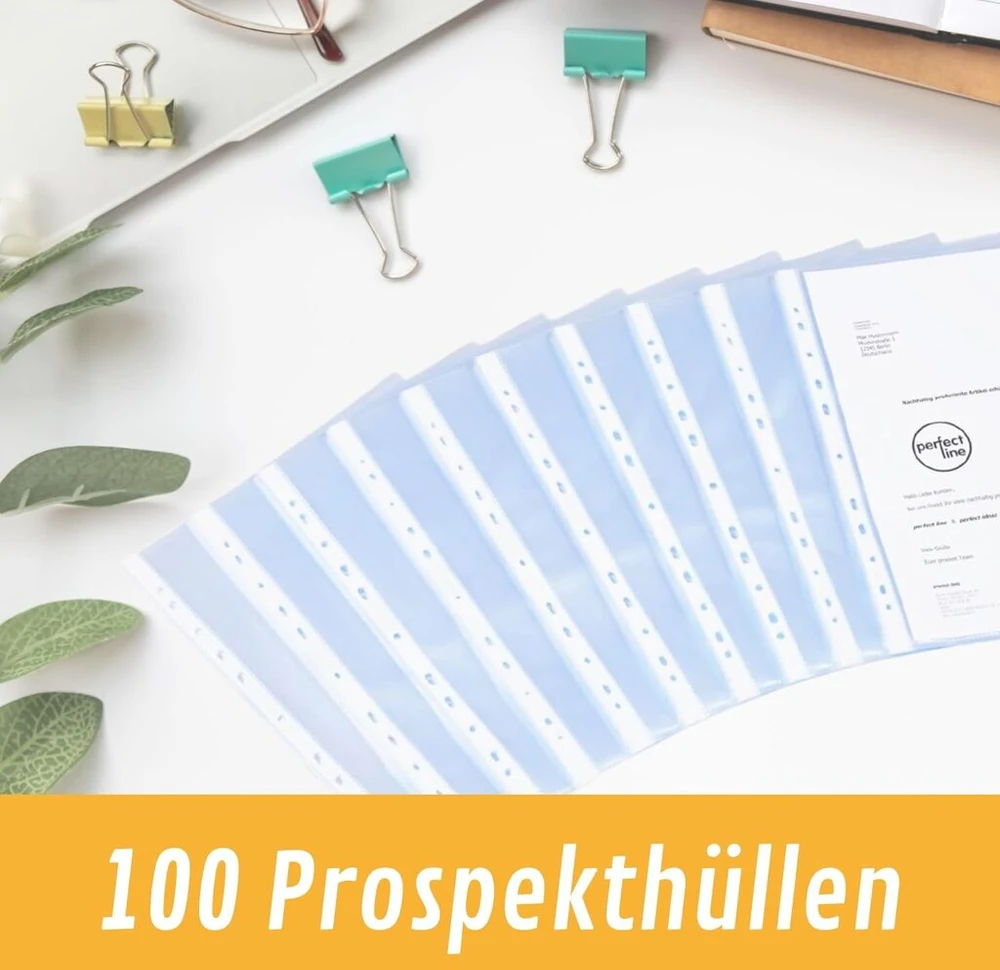 Perfect Line - 100 dokumentų aplankų Din A4, skaidrios plėvelės, 60 µm storio, nenutrinamos, be rūgščių