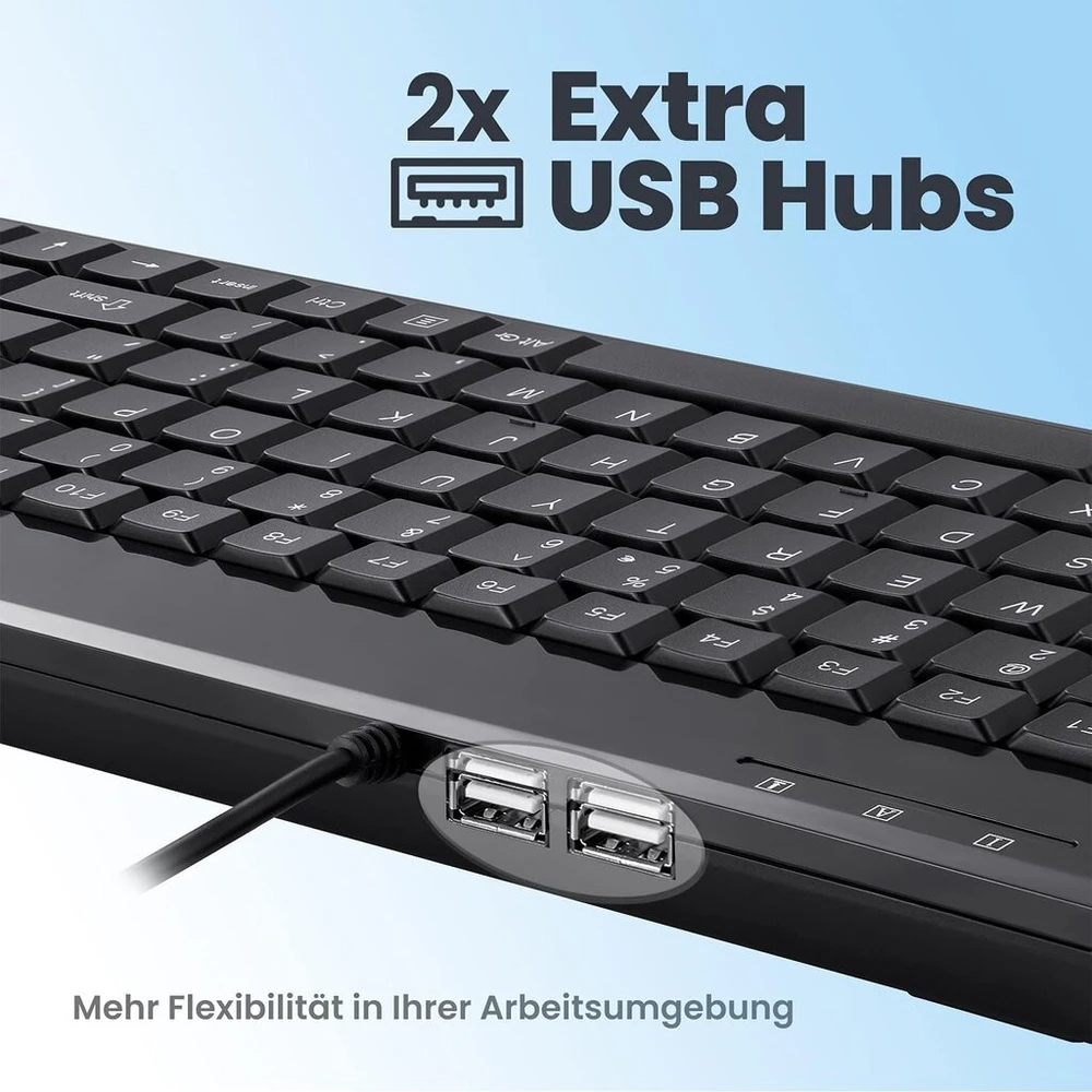Perixx 10761 Periboard-409 H, mini klaviatūra su 2 x Usb šakotuvais, 1,80 m kabelis su Usb jungtimi, pianino lakas, Qwertz De išdėstymas, juoda