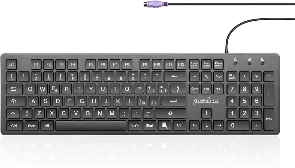 Perixx Periboard-117p - laidinė kompiuterio klaviatūra su skaičių klaviatūra, Ps2 pilno dydžio - didelės raidės - juoda - itališka Qwerty