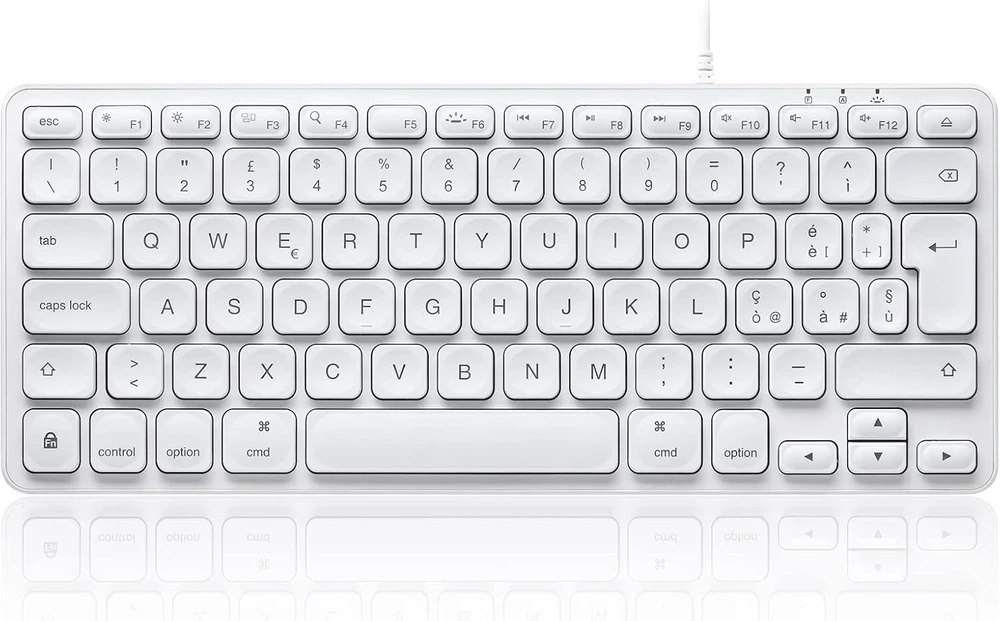 Perixx Periboard-332 laidinė Usb klaviatūra su apšvietimu - mini mac klaviatūra - ploni žirkliniai klavišai su dideliais simboliais - baltos apšviestos led lemputės - itališkas išdėstymas