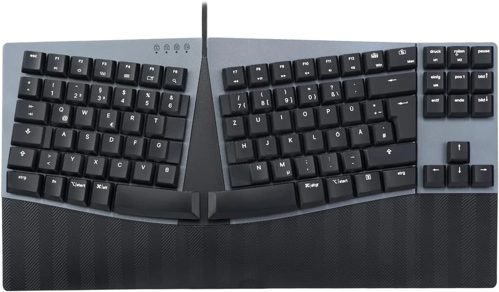 Perixx Periboard-335rd De, laidinė ergonomiška mechaninė klaviatūra - žemo profilio raudoni linijiniai jungikliai - programuojama funkcija - suderinama su Windows ir Mac Os X - vokiečių Qwertz
