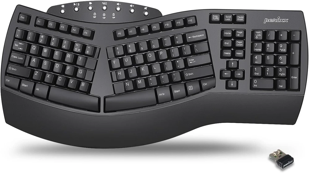 Perixx Periboard-612 belaidė ergonomiška padalinta klaviatūra su dvigubu režimu 2.4g ir „bluetooth“ funkcija, suderinama su „windows 10“ ir „mac Os X“ sistema, juoda, Qwerty Us išdėstymas