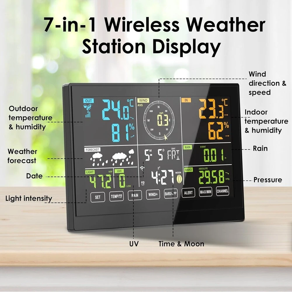 Petierweit Wlan meteorologijos stotis su vėjo matuokliu ir lietaus matuokliu, 7-in-1 belaidė meteorologijos stotis su orų prognoze, profesionali belaidė meteorologijos stotis su lauko jutikliu, meteorologijos stotys skirtos
