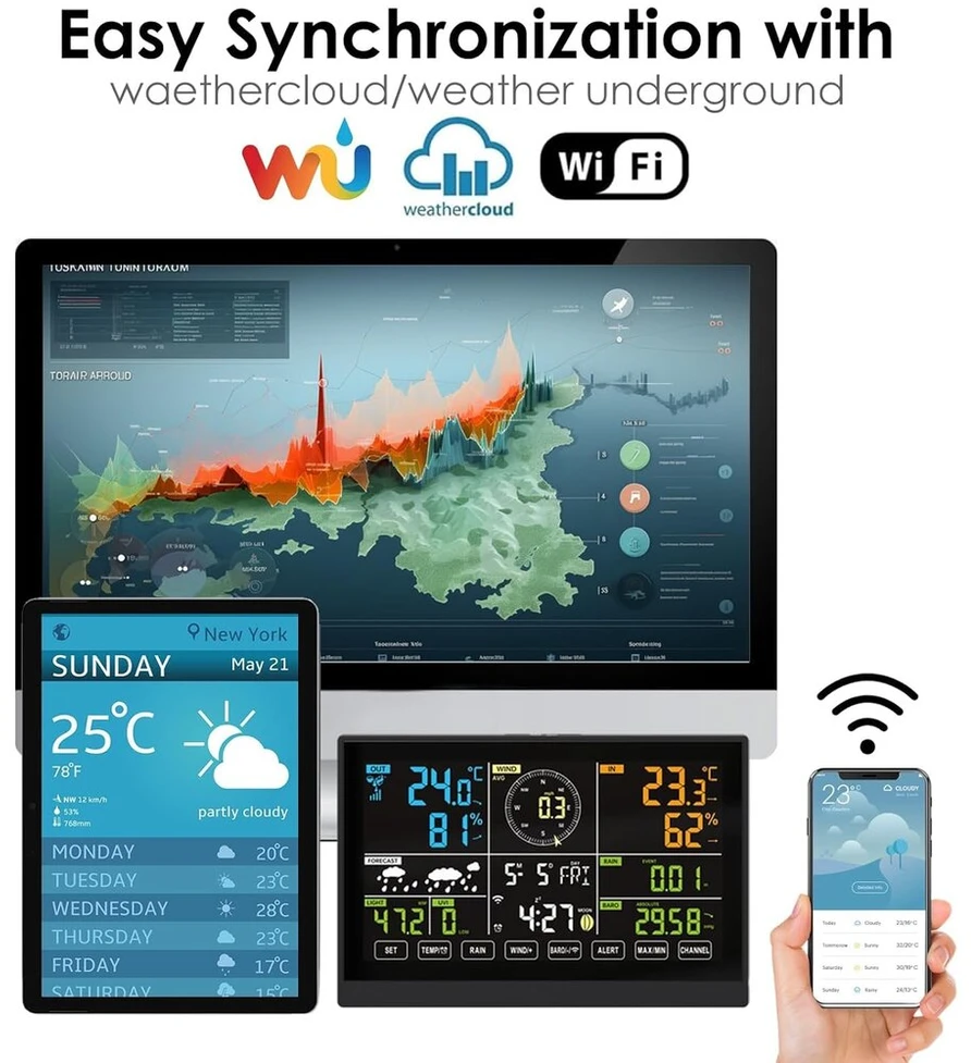 Petierweit Wlan meteorologijos stotis su vėjo matuokliu ir lietaus matuokliu, 7-in-1 belaidė meteorologijos stotis su orų prognoze, profesionali belaidė meteorologijos stotis su lauko jutikliu, meteorologijos stotys skirtos
