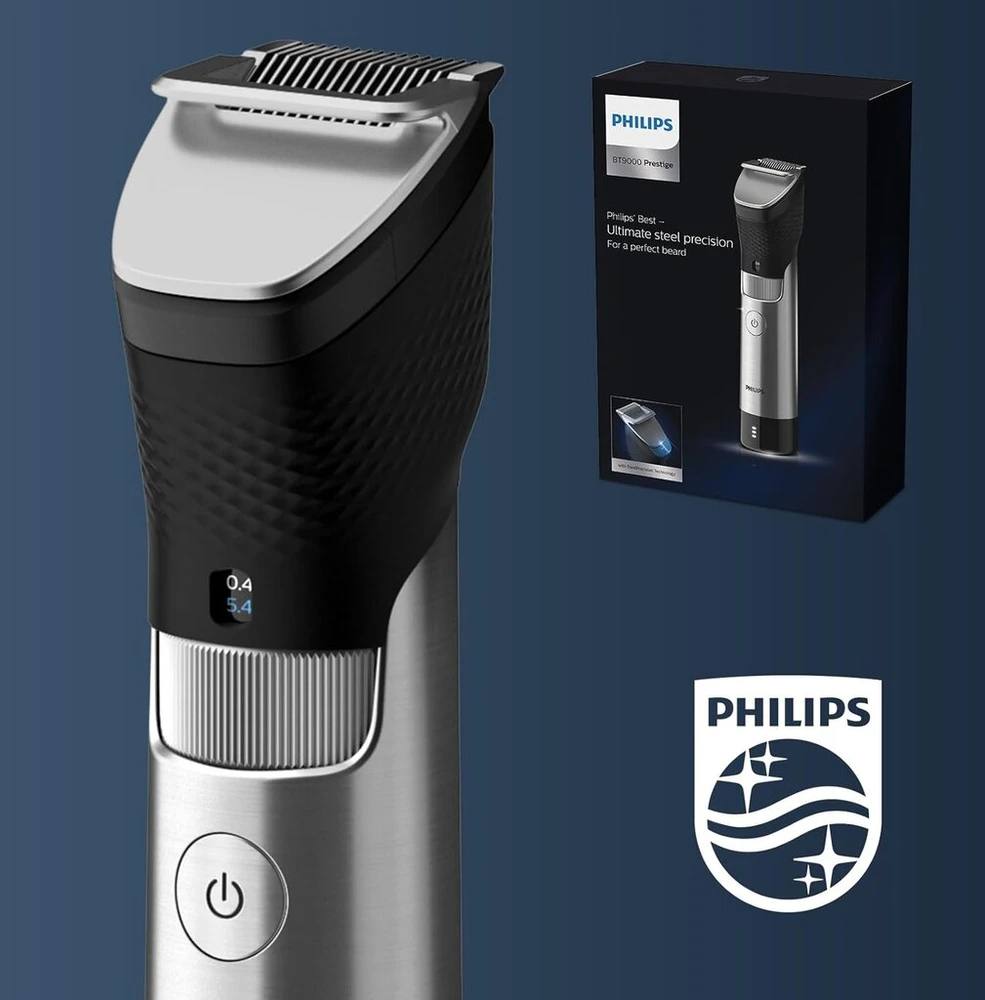 Barzdaskutė Philips bt9810/15 barzdos kirpiklis series 9000 prestige, užtikrinantis neprilygstamą tikslumą su ilgu šukų priedu