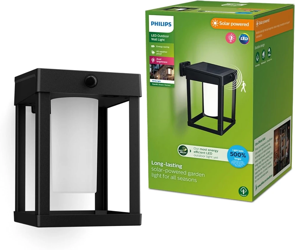 Philips Itin efektyvus lauko sieninis šviestuvas su saulės baterija Camill 1.4 W, dvigubo ryškumo jutiklis, kvadratinis, matinis, 3000 kelvinų, Ip44 atsparus oro sąlygoms, juodas, matinis difuzorius