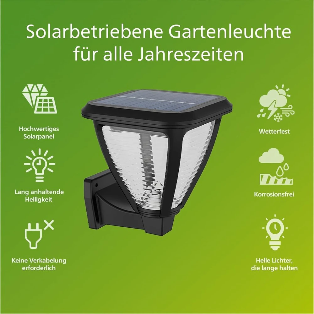 Philips lauko sieninis šviestuvas Solar Vapora 1.5 W, dienos šviesos jutiklis, 2700 Kelvinų, Ip44 atsparus oro sąlygoms, juodas, 141 mm
