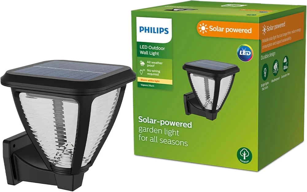 Philips lauko sieninis šviestuvas Solar Vapora 1.5 W, dienos šviesos jutiklis, 2700 Kelvinų, Ip44 atsparus oro sąlygoms, juodas, 141 mm