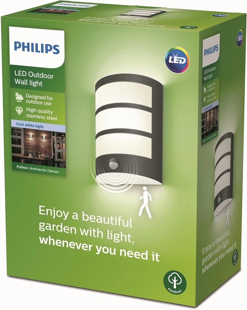 Philips Mygarden Led Python lauko sieninis šviestuvas su judesio davikliu, 6 W, šaltai balta šviesa 4 000 K, integruota lemputė, antracito spalvos