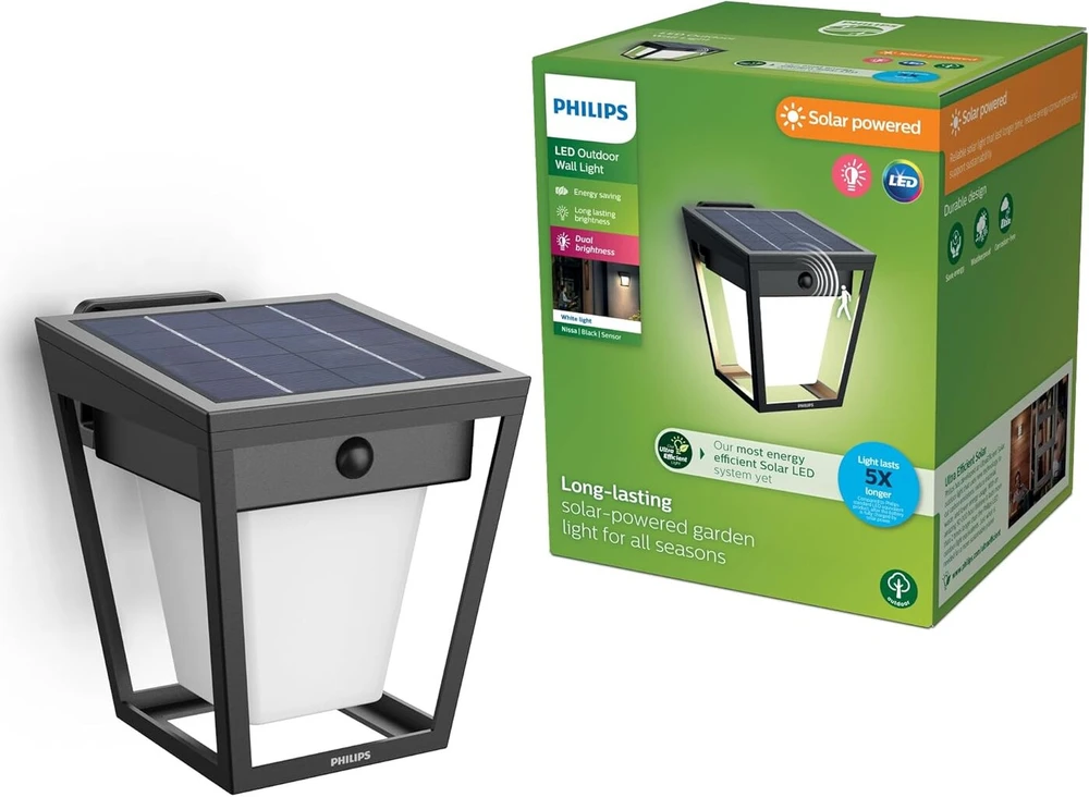 Philips Nissa itin efektyvus lauko sieninis šviestuvas su saulės baterija ir jutikliu, 3000k balta šviesa, 250/25lm, juodas