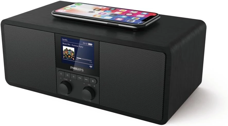 Ausinės Philips R8805/10 internetinis radijas su Dab+ ir Fm, spotify connect ir bluetooth srautiniu perdavimu, belaidis qi įkrovimo padėklas ir usb prievadas, žadintuvas ir miego laikmatis