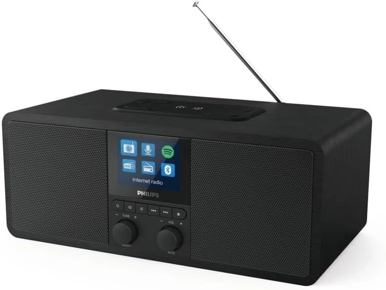 Ausinės Philips R8805/10 internetinis radijas su Dab+ ir Fm, spotify connect ir bluetooth srautiniu perdavimu, belaidis qi įkrovimo padėklas ir usb prievadas, žadintuvas ir miego laikmatis