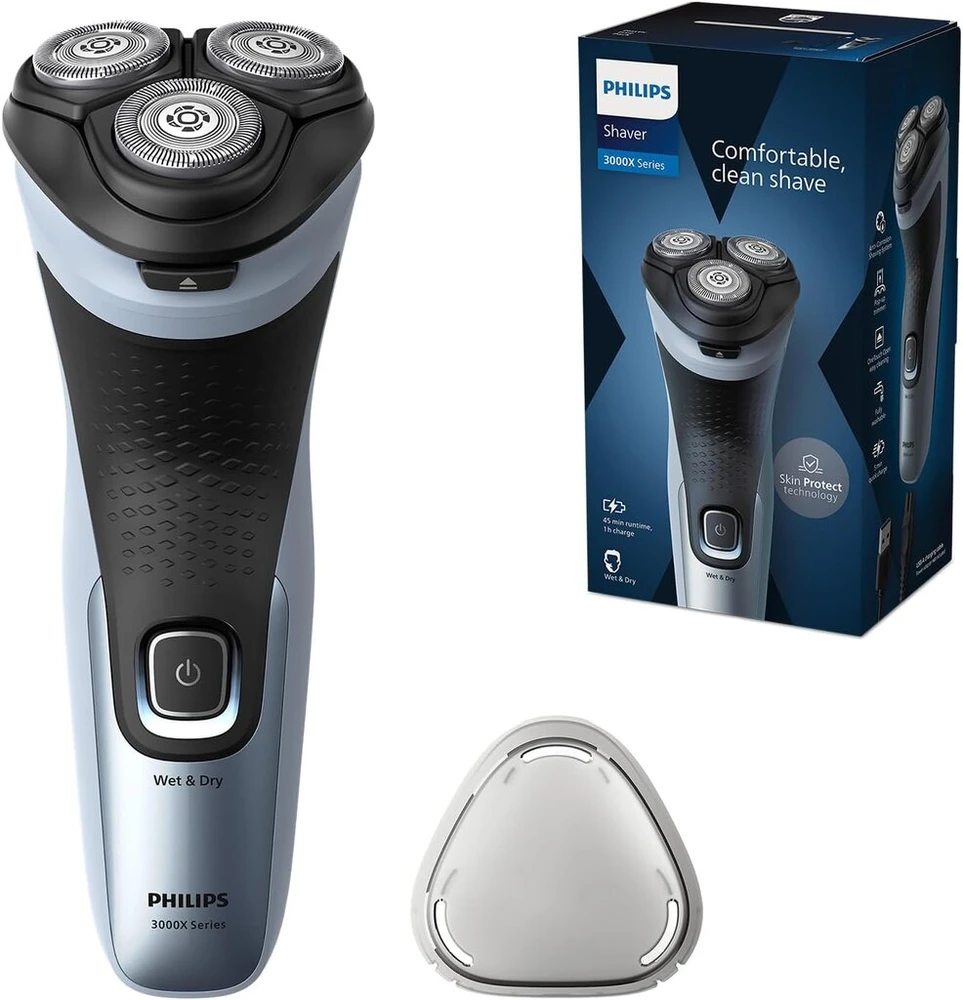 Philips Shaver Series 3000x elektrinis skustuvas vyrams, skirtas naudoti tiek sausai, tiek drėgnai odai, žydros spalvos, su Skinprotect technologija, atlenkiamu barzdos kirpikliu ir ergonomiška rankena (modelis X3053/00)