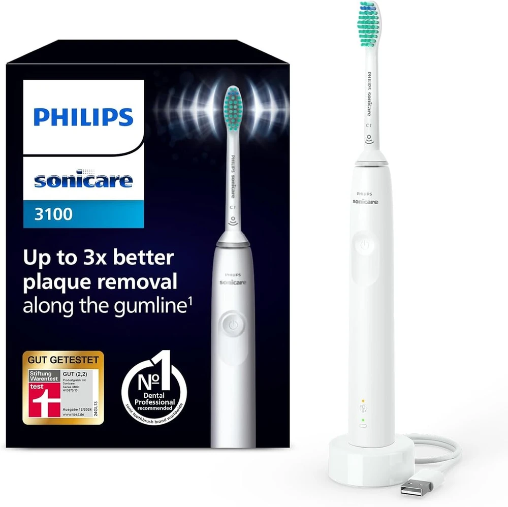 Philips Sonicare elektrinis soninis dantų šepetėlis 3100 serija su integruotu spaudimo jutikliu, Smartimer ir Quadpacer, baltas, Hx3671/13