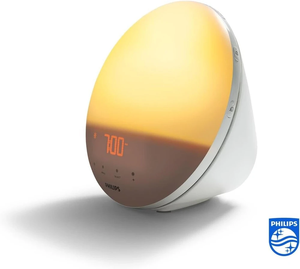 Philips Wake-up Light žadintuvas su spalvota saulėtekio imitacija, 20 šviesos lygių, 7 natūralūs garsai, naktinė lemputė (modelis Hf3531/01)