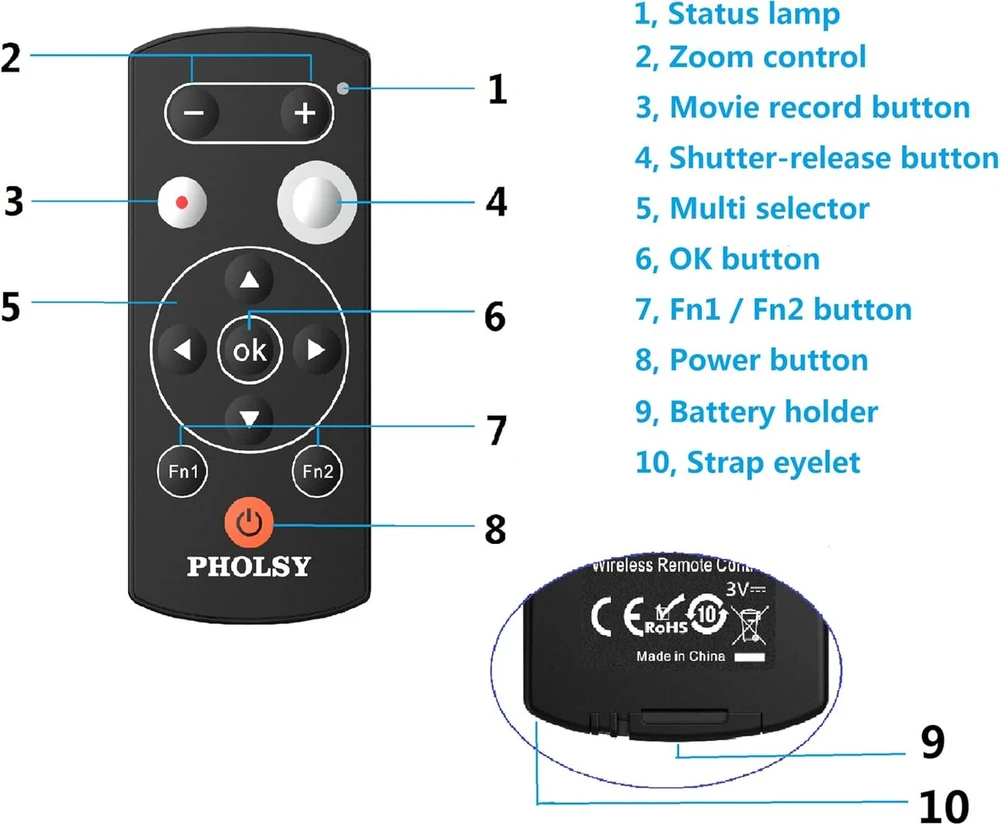 Pholsy ml-l7 bluetooth belaidis kameros nuotolinio valdymo pultas, belaidis nuotolinis užrakto atleidimas, suderinamas su nikon z30, z6 ii, z7 ii, su fc, z50, coolpix b600, a1000, p1000, p950