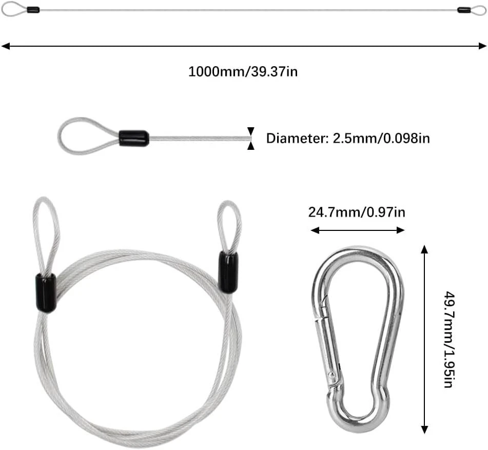 Pilikoll 4 vnt. 1 m x 2,5 mm trosas, apsauginis trosas su kilpomis, nerūdijančio plieno apsauginis trosas su karabinu, nerūdijančio plieno fiksavimo trosas sodo baldams, dviračiui