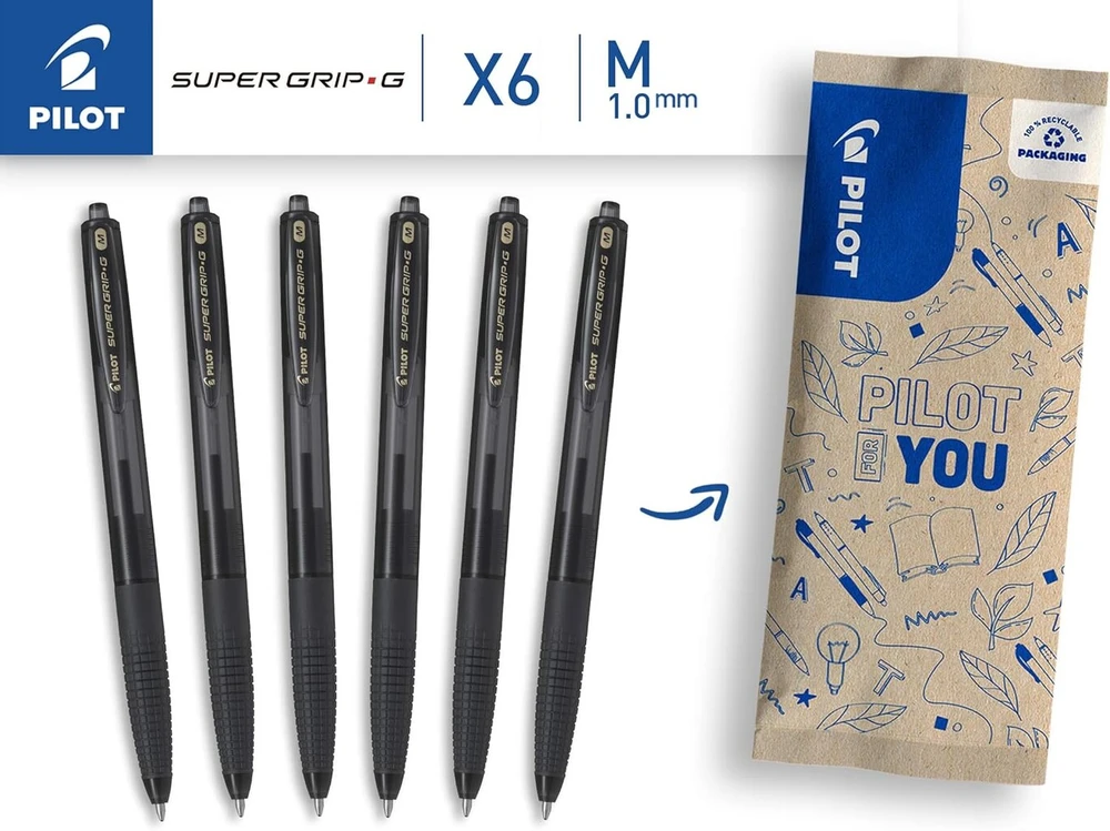 Pilot Pen Pilot Super Grip G rašikliai, 6 vnt., juodi, vidutinis galiukas