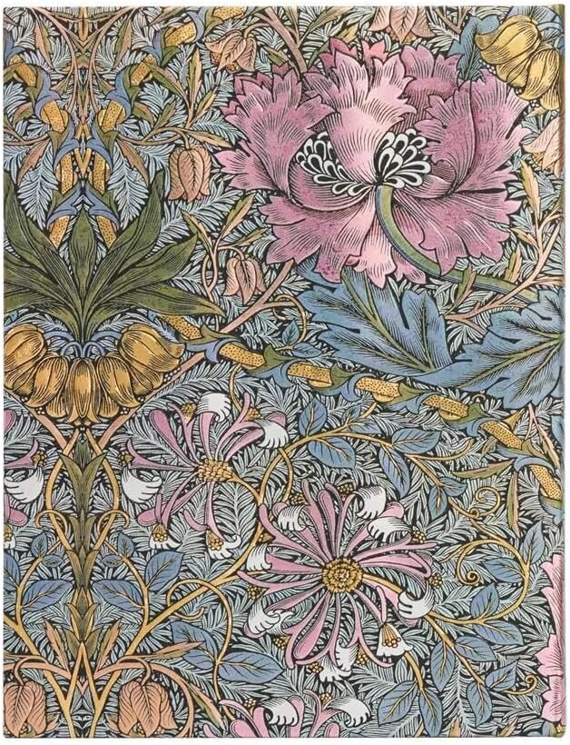 Pink Morris Rožinė Honeysuckle (william Morris) itin plonas užrašų knygutė kietu viršeliu be linijų: kietas viršelis, 120 gsm, juostelė-skirtukas, kišenėlė atminimams, elastinė juostelė, kraštų marginimas