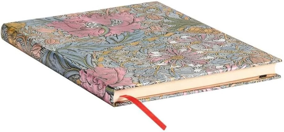 Pink Morris Rožinė Honeysuckle (william Morris) itin plonas užrašų knygutė kietu viršeliu be linijų: kietas viršelis, 120 gsm, juostelė-skirtukas, kišenėlė atminimams, elastinė juostelė, kraštų marginimas