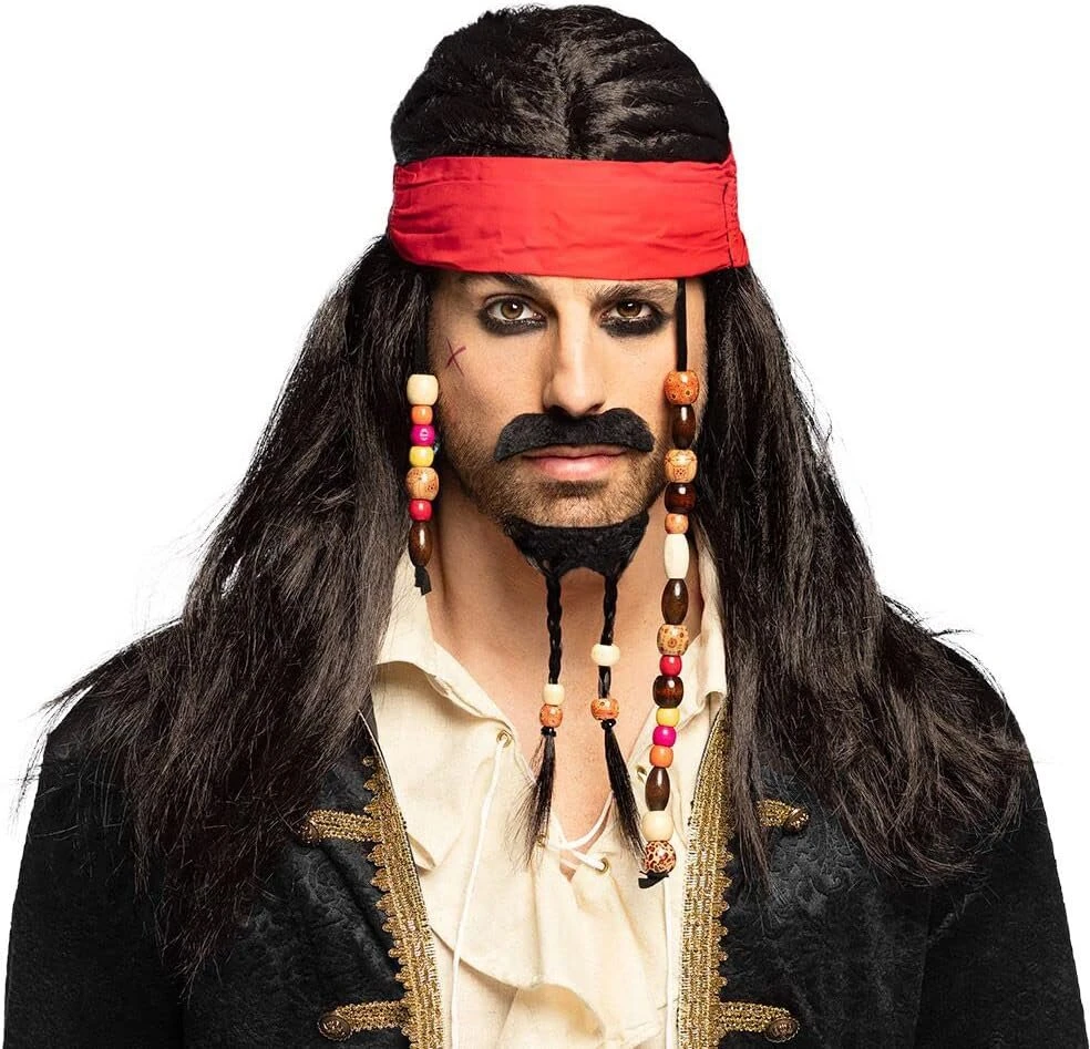 Pirato Jack Sparrow stiliaus perukas su barzda, ūsais ir bandana