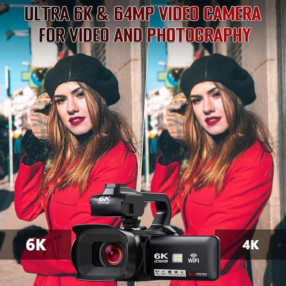 Pitiki 6k vaizdo kamera 64mp 18x skaitmeninis priartinimas vlog'ams su Ir naktiniu matymu, skirta Youtube, internetinė kamera Wifi vaizdo kamera su 4500 Mah baterija, Sd kortele, rankiniu stabilizatoriumi, mikrofonu ir 2.4g