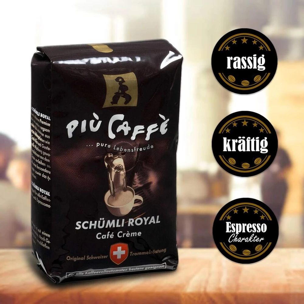 Kavamalė Più caffè Café Crème kavos pupelės, aštrios, stiprios, intensyvios ir sodrios, Arabica ir Robusta, šveicariškas būgninis skrudinimas, visos pupelės automatiniams kavos aparatams, Schümli Royal, 1kg
