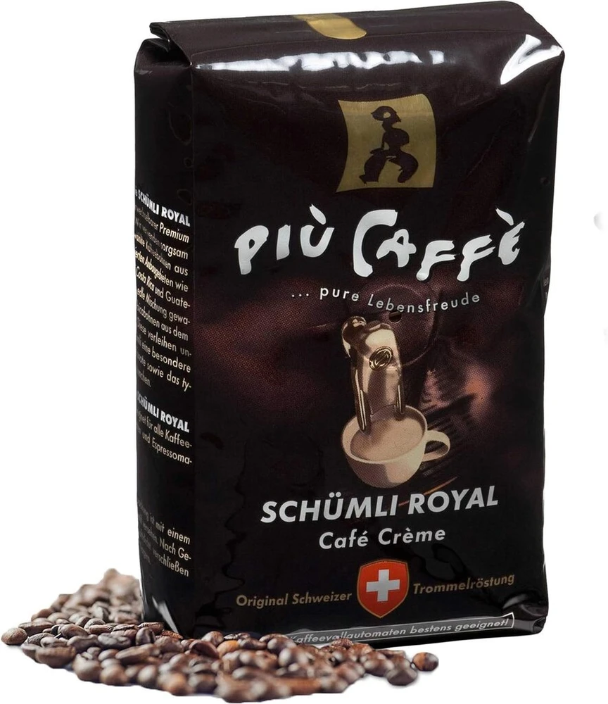 Kavamalė Più caffè Café Crème kavos pupelės, aštrios, stiprios, intensyvios ir sodrios, Arabica ir Robusta, šveicariškas būgninis skrudinimas, visos pupelės automatiniams kavos aparatams, Schümli Royal, 1kg
