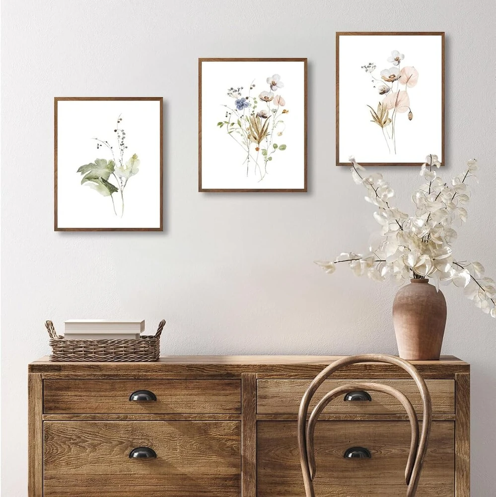 Plakatas Dazzlewall rustic gėlių sienų paveikslai, minimalistiniai akvareliniai botaniniai drobės paveikslai miegamajam, svetainės dekoravimui, be rėmo, 20 x 25 cm, 3 vnt. rinkinys