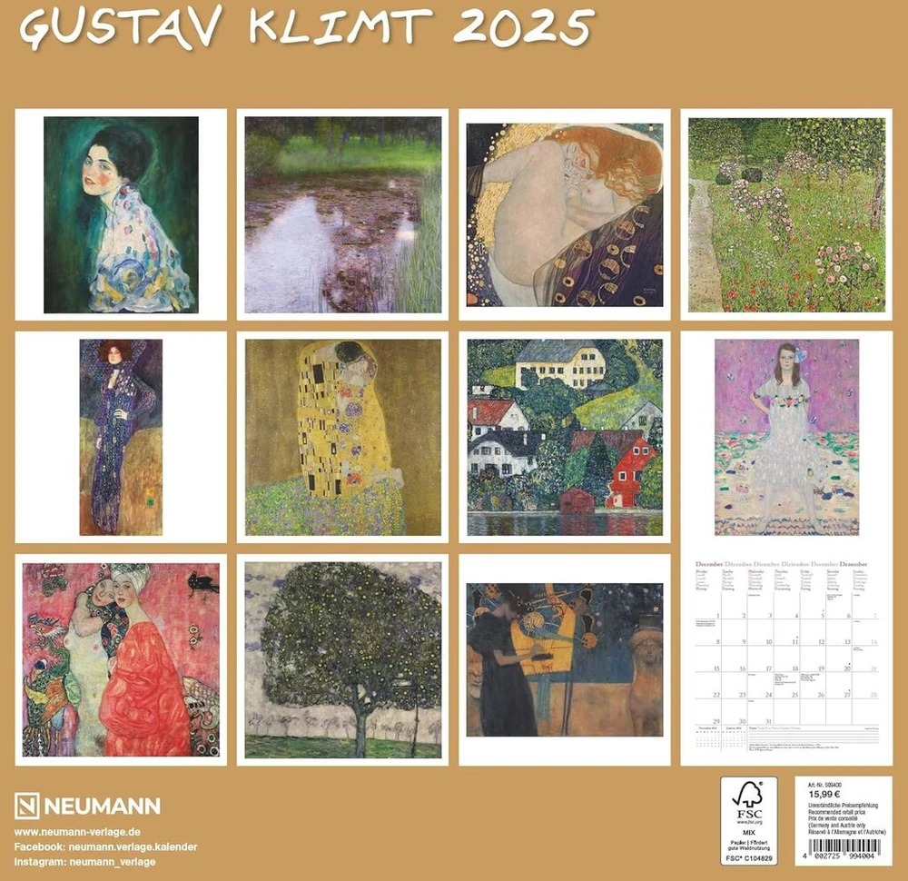 Plakatas Neumann Gustav Klimt 2025 brošiūrinis kalendorius, 30 x 30 cm, sieninis kalendorius su Gustavo Klimto paveikslėliais, mėnulio fazėmis, daug vietos pastaboms ir tarptautinėms šventėms / kalendorius