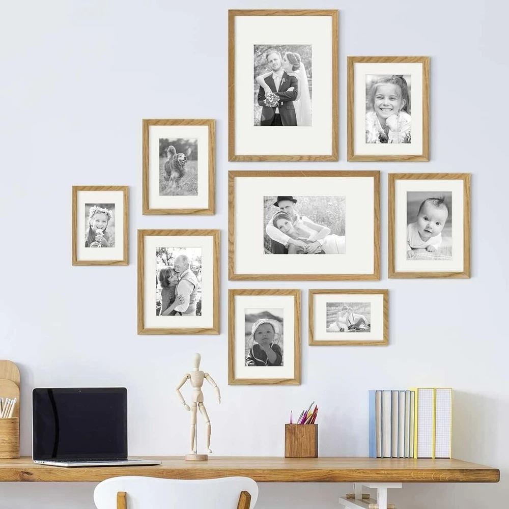Plakatas Photolini medinių nuotraukų rėmelių rinkinys su pasportais, 9 rėmelių rinkinys ąžuolas, pagaminta Es, nedūžtantis akrilinis stiklas, skirtas sienai, papildomi priedai - mėgstamoms nuotraukoms ir paveikslams