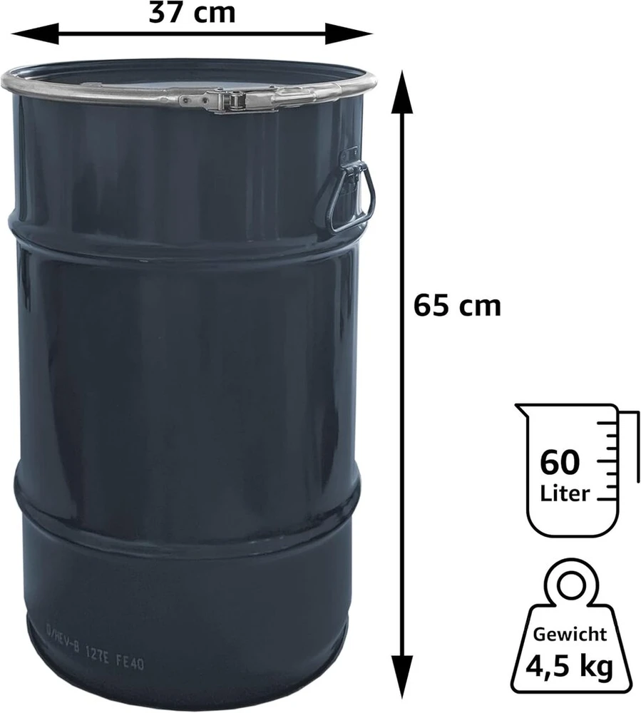 Plasteo® 60 litrų plieninė statinė su dangteliu, hobbock tipo, antracito pilka, su Un patvirtinimu, pagaminta Vokietijoje, skirta sandėliavimui, transportavimui ir laikymui, tvirta, stabili, hermetiška, užrakinama