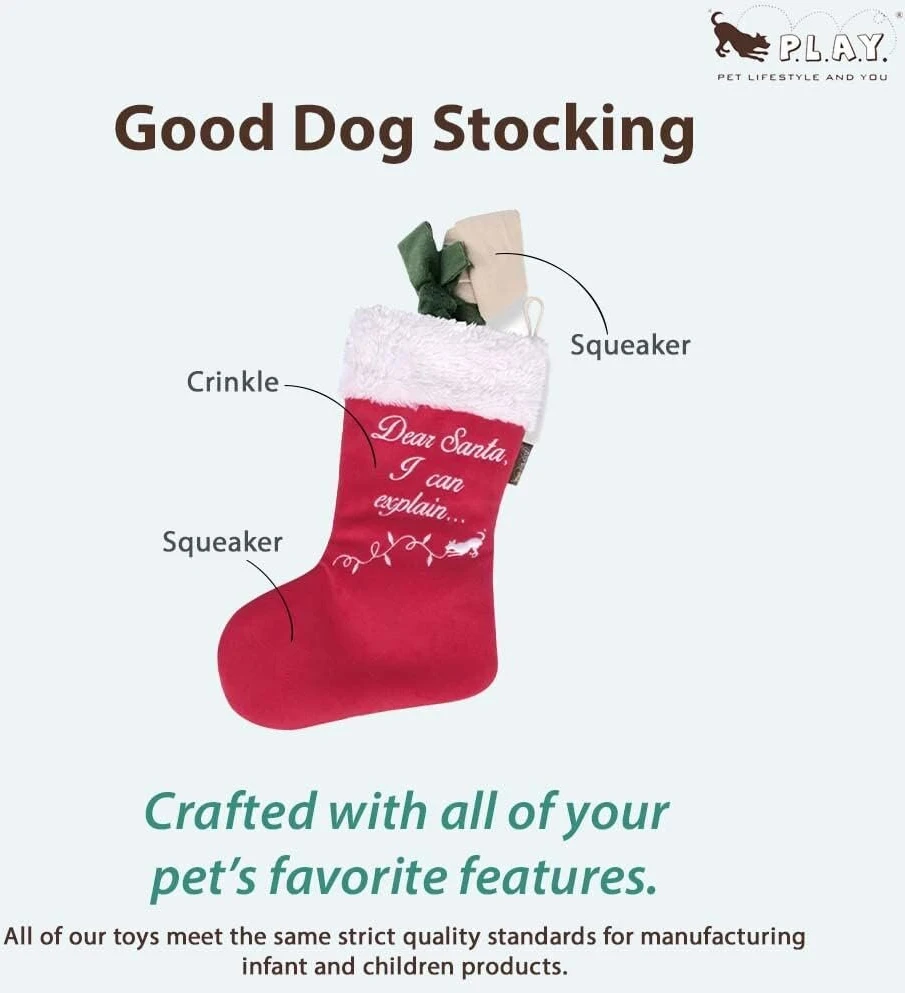 P.l.a.y. Pet Lifestyle And You pliušinis žaislas šuniui - Merry Woofmas kolekcija - Good Dog kojinė, 90 g