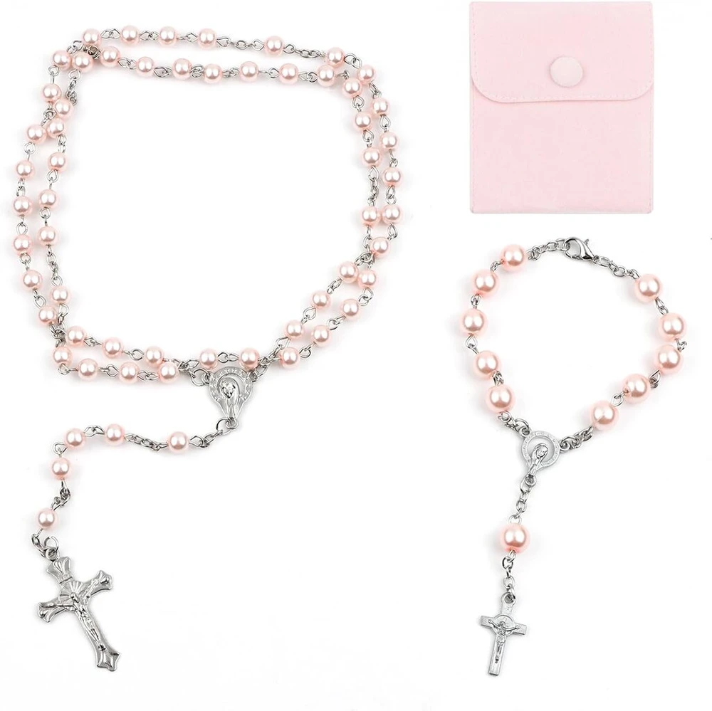 Plcatis katalikiškas rožinio grandinėlės apyrankė, vintažinis kryžiaus karoliukų rožinio vėrinys, krikščioniškas maldos perlų rožinis su aksominiu maišeliu, krikštynų komunijos rožinis vestuvių vakarėliui