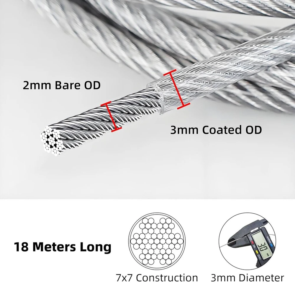 Plieninė viela su danga, 18 m, 3 mm, nerūdijantis plienas