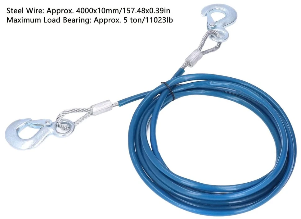 Plieninis vilkimo lynas, plieno vilkimo lynas, vilkimo lynas pagamintas iš plieninės vielos, 4 m x 10 mm, tvirtas vilkimo diržas, kurio trūkimo jėga 5000 kg, skirtas ištraukti visureigius iš bekelės