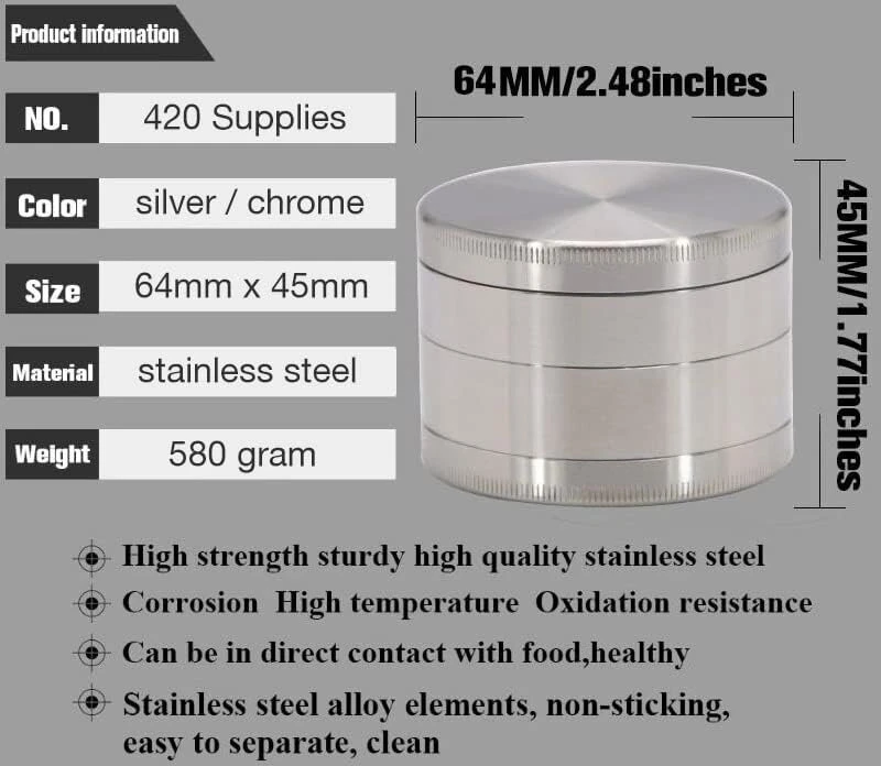 Plieno smulkintuvas (4 dalys) (304 tipo nerūdijantis plienas) (naujas modelis) nerūdijančio plieno malūnėlis (64 mm)