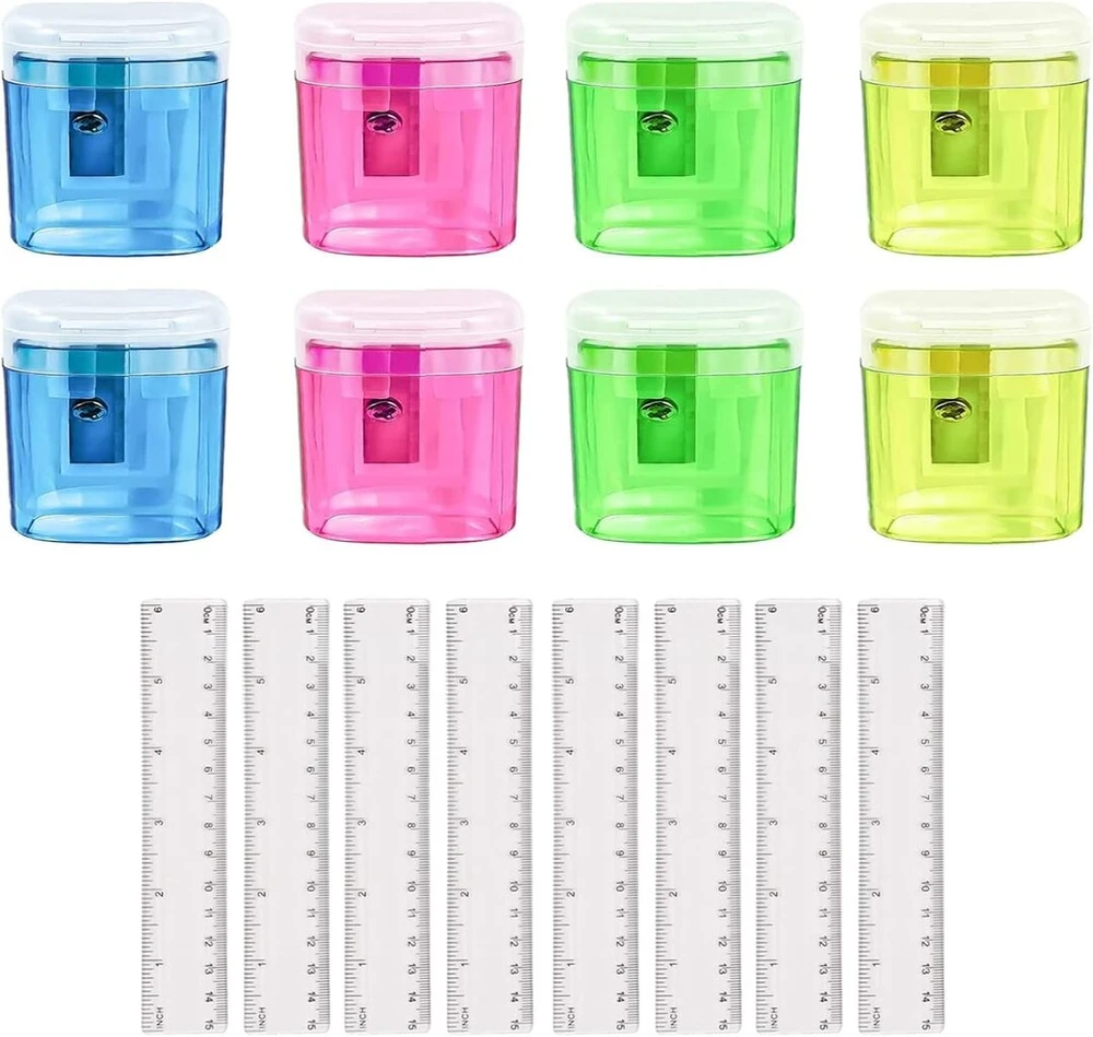 Pmelcxd drožtukas dvigubas, 8 vnt., vaikiškas rankinis drožtukas, dvigubas drožtukas, 8 vnt. pakuotė, skaidri plastikinė liniuotė, 15 cm, 6 colių tiesus rinkinys, matavimo įrankis studentams, mokyklai