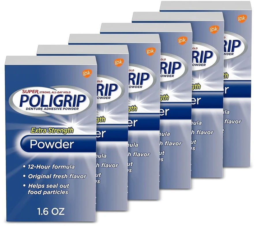 Poligrip Super dantų protezų klijų milteliai, itin stiprūs 45 g indelis (6 vnt.) iš Super Poli Grip
