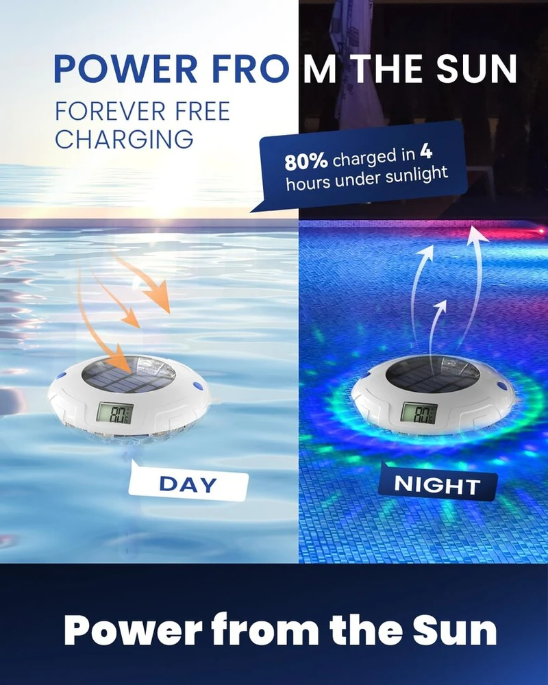 Poolprime baseino termometras, plaukiojantis skaitmeninis saulės energijos baseino termometras, baseino apšvietimas su 8 led režimais, ipx7 atsparus vandeniui tvenkiniams, vonioms (tamsiai mėlynas)