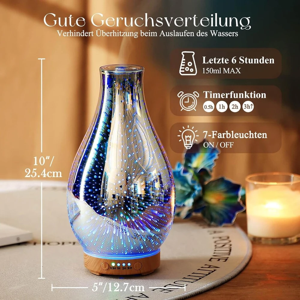 Porseme 100 ml aromaterapinis difuzorius eteriniams aliejams, rankų darbo stiklo difuzorius, drėkintuvas, ultragarsinis tylus, 7 spalvų šviesos, 4 laikmačiai, difuzorius oro aromatas namams, miegamajam, ypatinga dovana