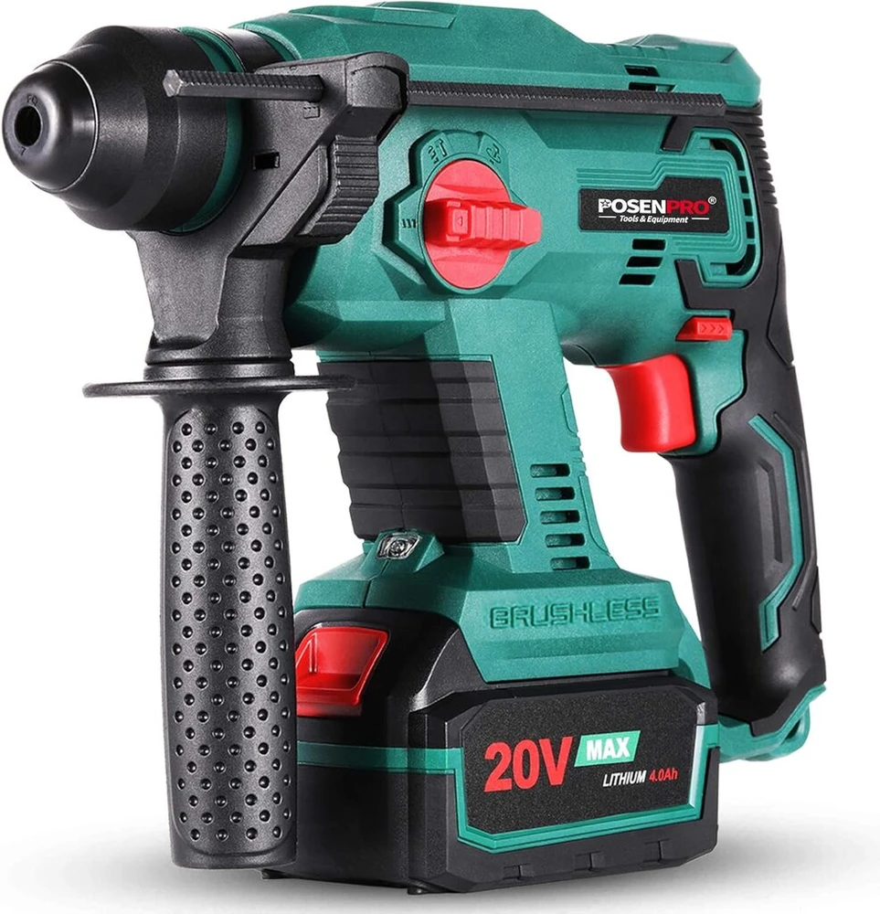 Posenpro sds-plus akumuliatorinis perforatorius, 20 v bešepetėlinis variklis, akumuliatorinis kombinuotas plaktukas, perforatorius, 4-in-1 funkcijos, maks. 1,7 džaulių, 20 v 4,0 ah akumuliatorius ir greitas įkroviklis