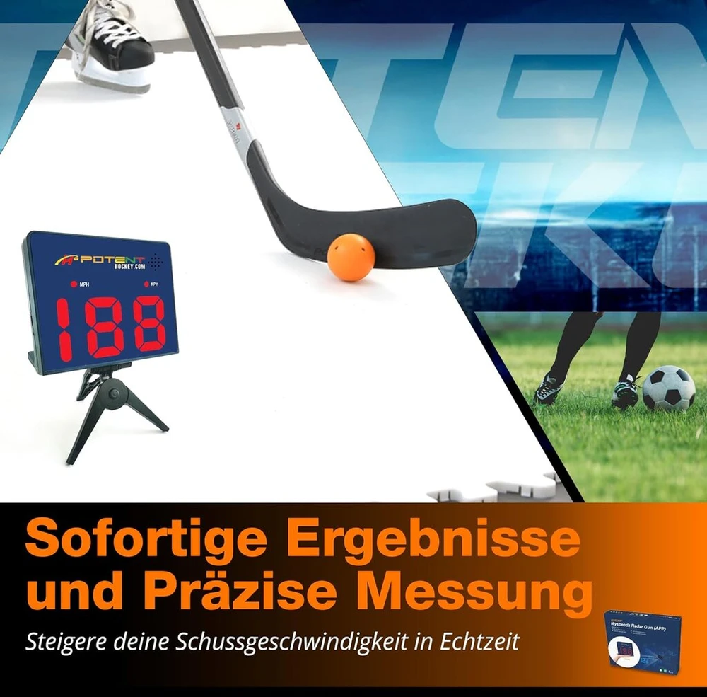 Potent ledo ritulio, futbolo ir raketės kamuolio greičio radaras – tikslus greičio matuoklis – nešiojamas ir įkraunamas – skirtas „android“ ir „ios“ – idealus ledo rituliui, futbolui ir raketės kamuoliui