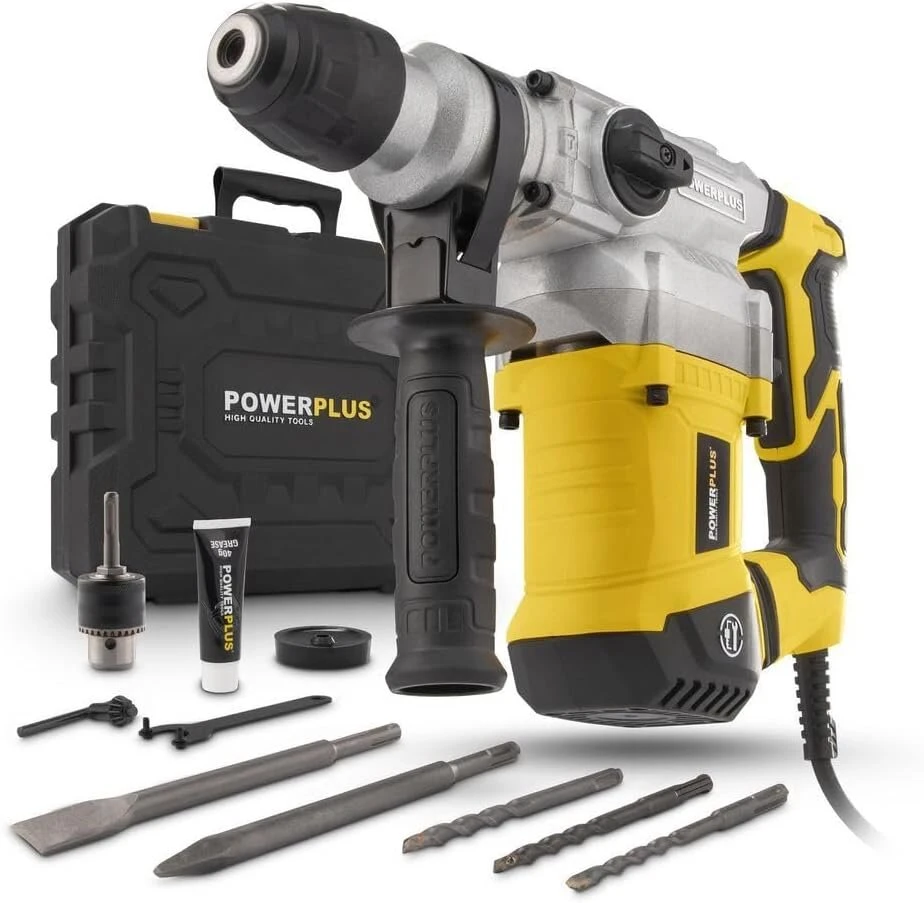Powerplus Powx11721 kombinuotas gręžtuvas gręžimui, kalimui ir kalimui su smūgiu – kombinuotas gręžtuvas kaip perforatorius ir skaldymo plaktukas rinkinyje su dėklu ir priedais, tokiais kaip kaltas ir grąžtas