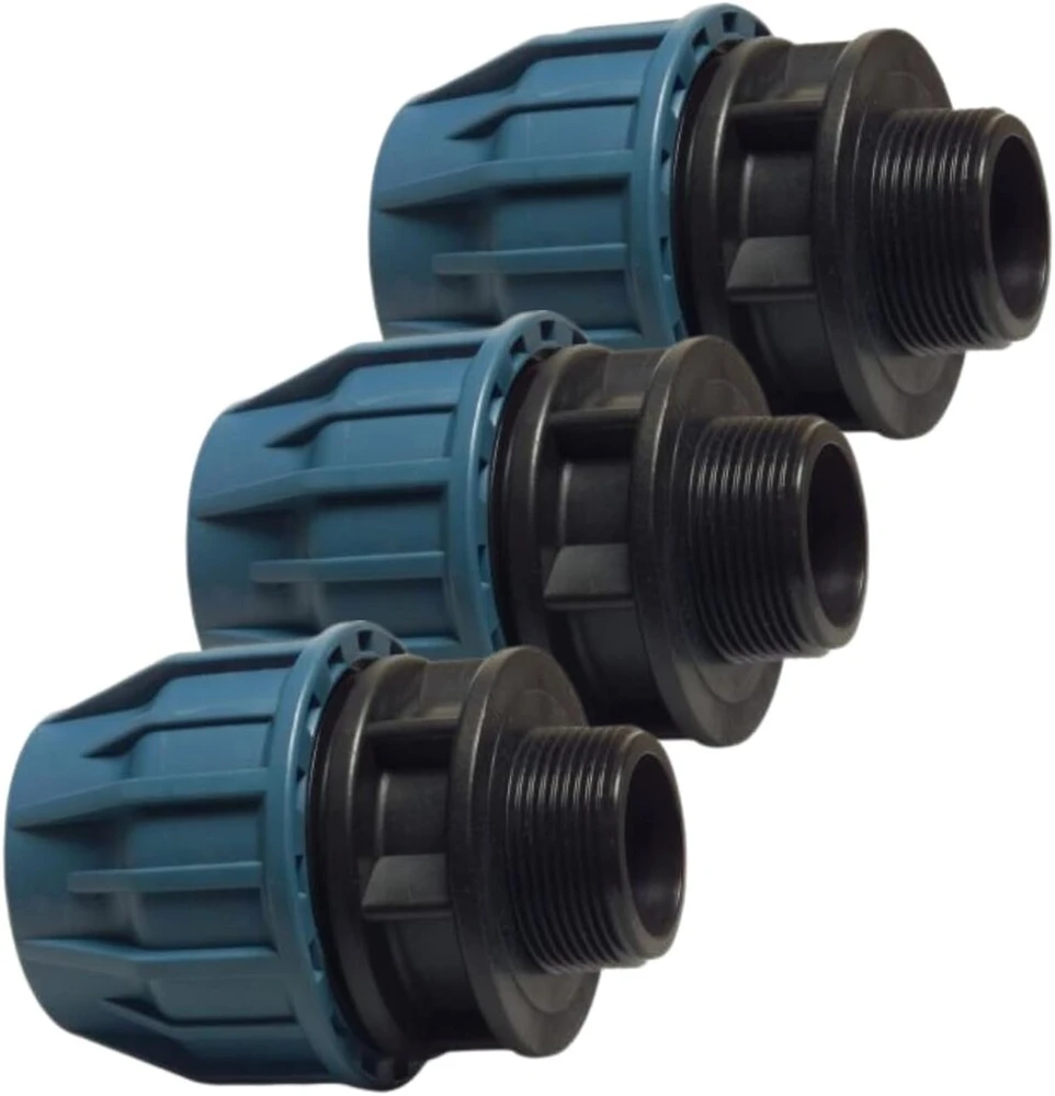 Ventiliatorius Pp gnybtų movos rinkinys iš 3 vnt. - 20 mm x 1/2 colio išorinis sriegis | gnybtas x išorinis sriegis | 16 bar slėgis | pe vamzdžių jungtis juoda/mėlyna | geriamajam vandeniui (dvgw/kiwa/wras/svgw)