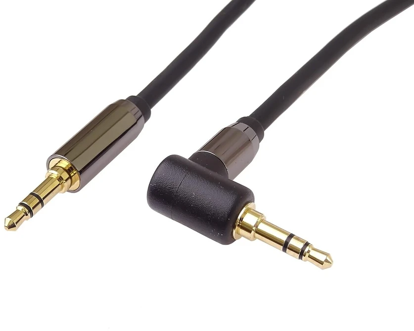 Premiumcord stereo hq jack kabelis 3.5 mm, jack kištukas 3.5 mm, stereo jack vyriškas į vyrišką 90°, aux ausinių garso jungties kabelis, ekranuotas, metalinė jungtis, m/m, ilgis 5 m