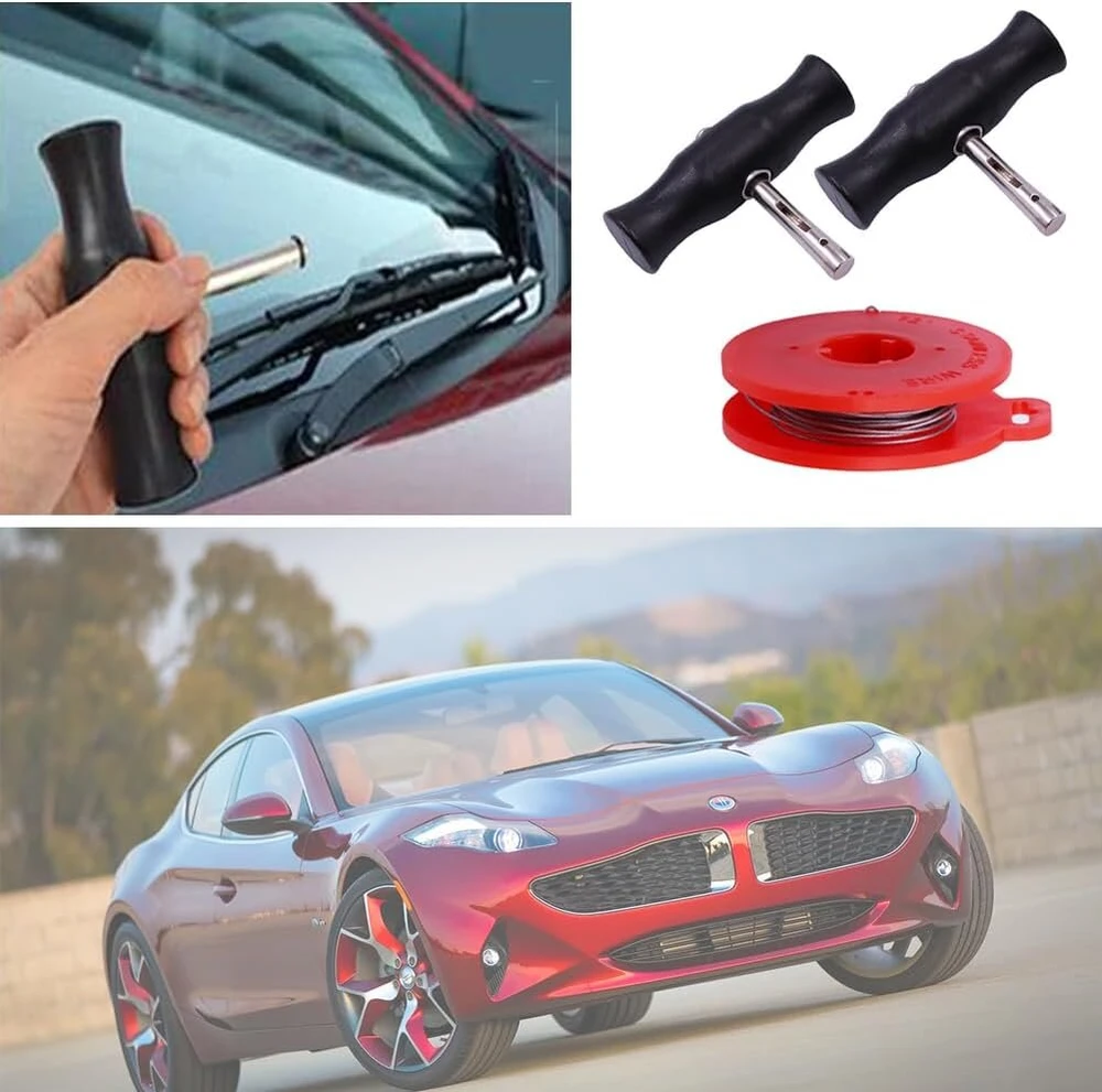 Priekinio stiklo nuėmimo įrankiai, automobilio priekinio stiklo nuėmimo įrankis, automobilio langų nuėmimo įrankis, priekinio stiklo nuėmimo rinkinys automobiliui, su langų stiklo pjovimo viela ir rankenomis