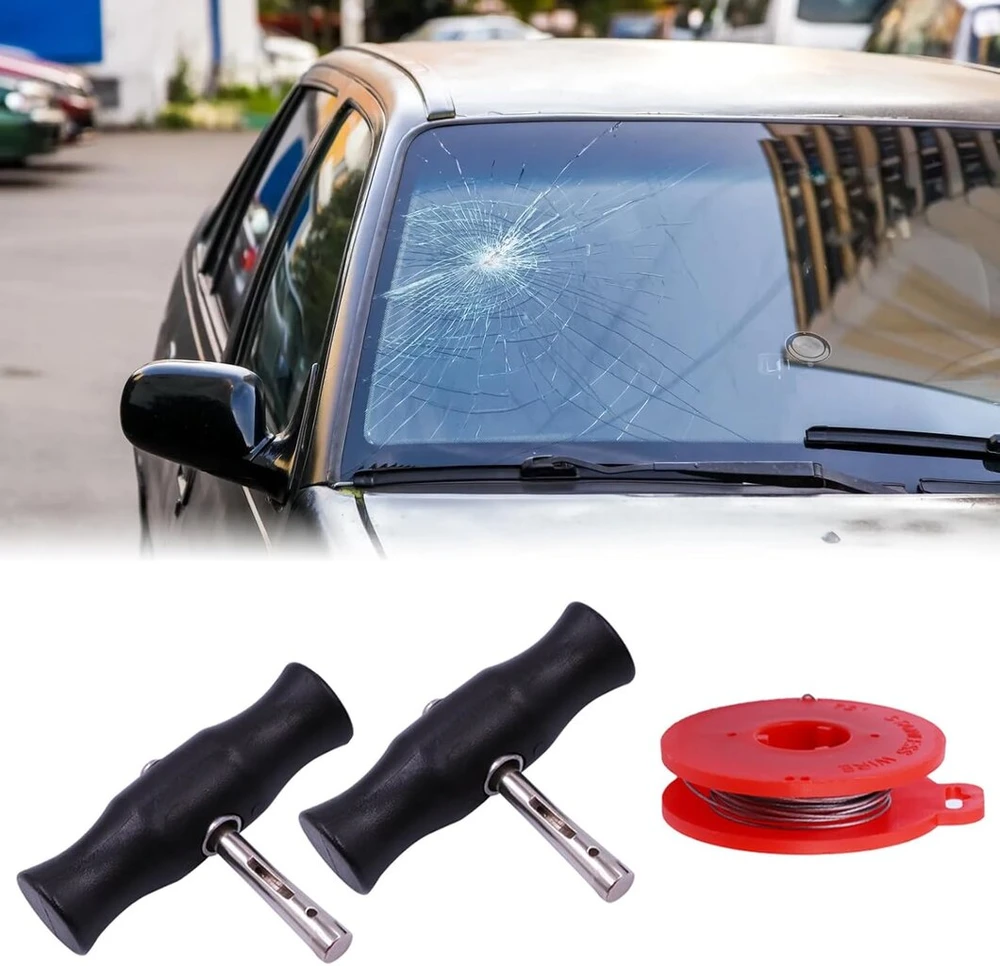 Priekinio stiklo nuėmimo įrankiai, automobilio priekinio stiklo nuėmimo įrankis, automobilio langų nuėmimo įrankis, priekinio stiklo nuėmimo rinkinys automobiliui, su langų stiklo pjovimo viela ir rankenomis