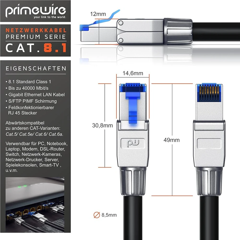 Primewire - cat 8 tinklo kabelis - 8.1 standartinė klasė 1-40 000 mbit/s